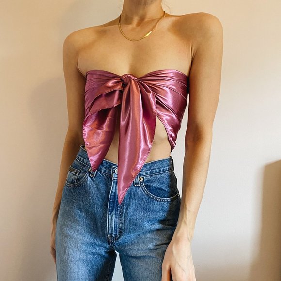 Satin Pink Mauve Magenta Silky Scarf Top - Picture 6 of 8